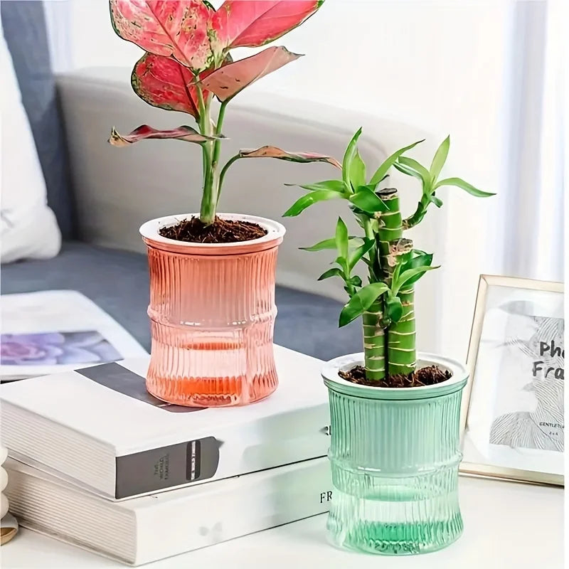 Self Watering Lazy Person Soil Cultivation Small Pot Living Room Desktop Bamboo Flower Planter Pots Transparent Vase Room Decor