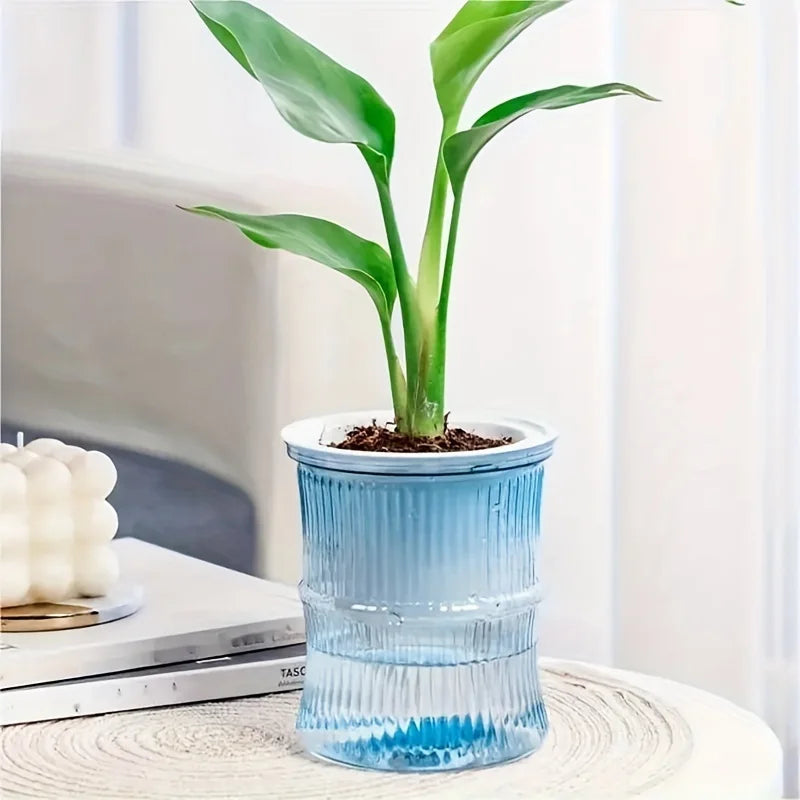 Self Watering Lazy Person Soil Cultivation Small Pot Living Room Desktop Bamboo Flower Planter Pots Transparent Vase Room Decor