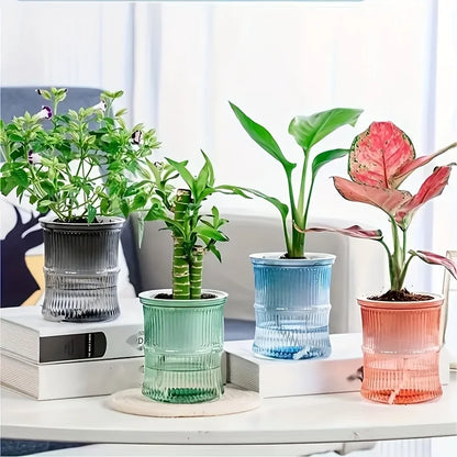 Self Watering Lazy Person Soil Cultivation Small Pot Living Room Desktop Bamboo Flower Planter Pots Transparent Vase Room Decor